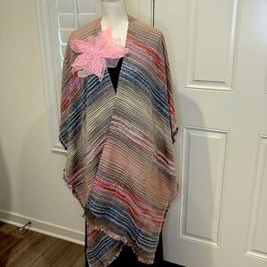 Chico’s boho viscose textured stripe ruana with frayed hems one size